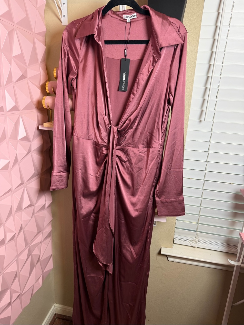 Fashion Nova Rose Mauve Satin Twist-Front Long Sleeve Robe jumpsuit